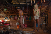 Seorang tetua adat Dayak Kanayatn memimpin ritual sakral di tengah perkampungan mereka, menunjukkan dedikasi mendalam terhadap warisan leluhur dan menjaga keseimbangan spiritual dengan alam. Pemandangan ini mencerminkan kekuatan tradisi yang terus hidup dalam kehidupan sehari-hari masyarakat Dayak Kanayatn.